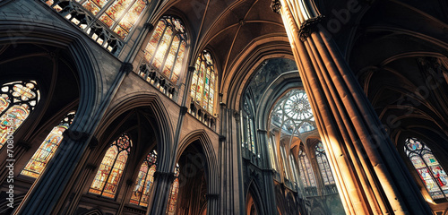 A grand gothic cathedral with intricate architecture and stained glass windows