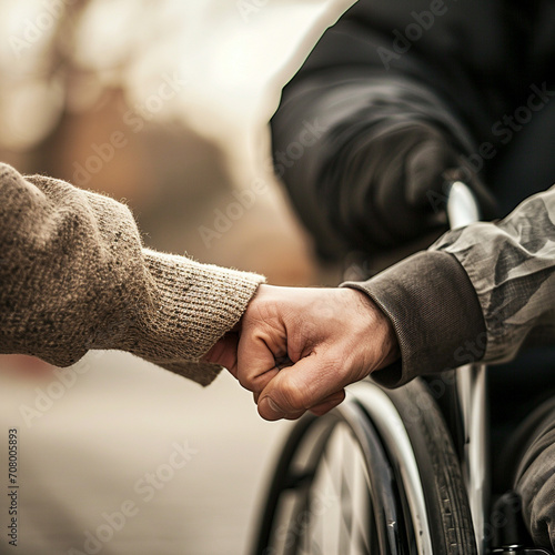 Illustration of two disabled friends sitting in wheelchairs. They greet each other. Beautiful nature. People with disabilities. © LUKIN IGOR 