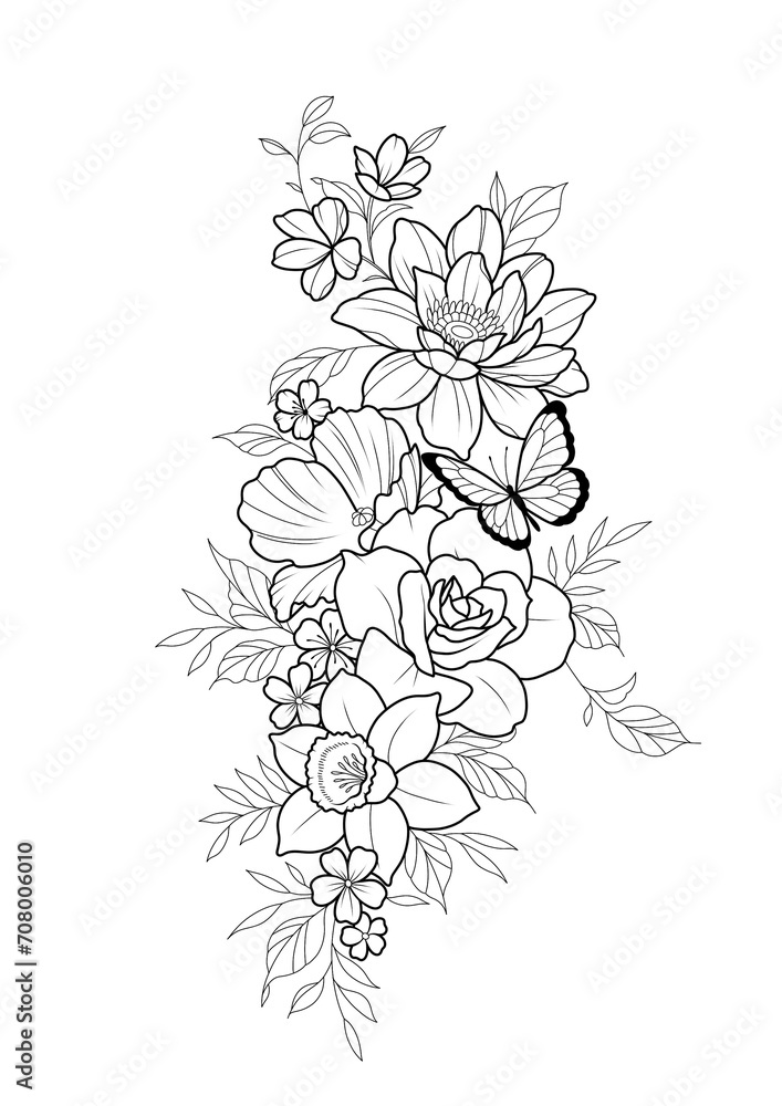 Fototapeta tattoo illustration, design, sketch, tattoo, flowers, butterflies