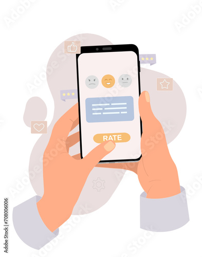 smartphone in hand. customer feedback. rating on mobile phone screen. Customer rate concept with emoji and comment. People giving feedback. Clients leaving different reviews.