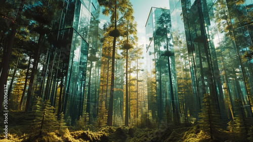A grand palace made entirely of reflective mirrors in a mystical forest