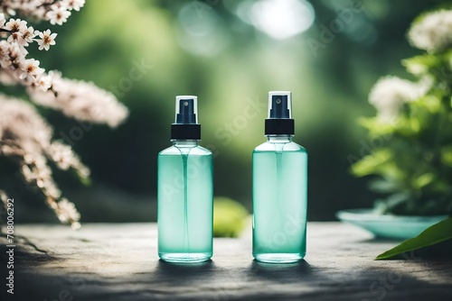 perfume container template in japanese garden , green tones