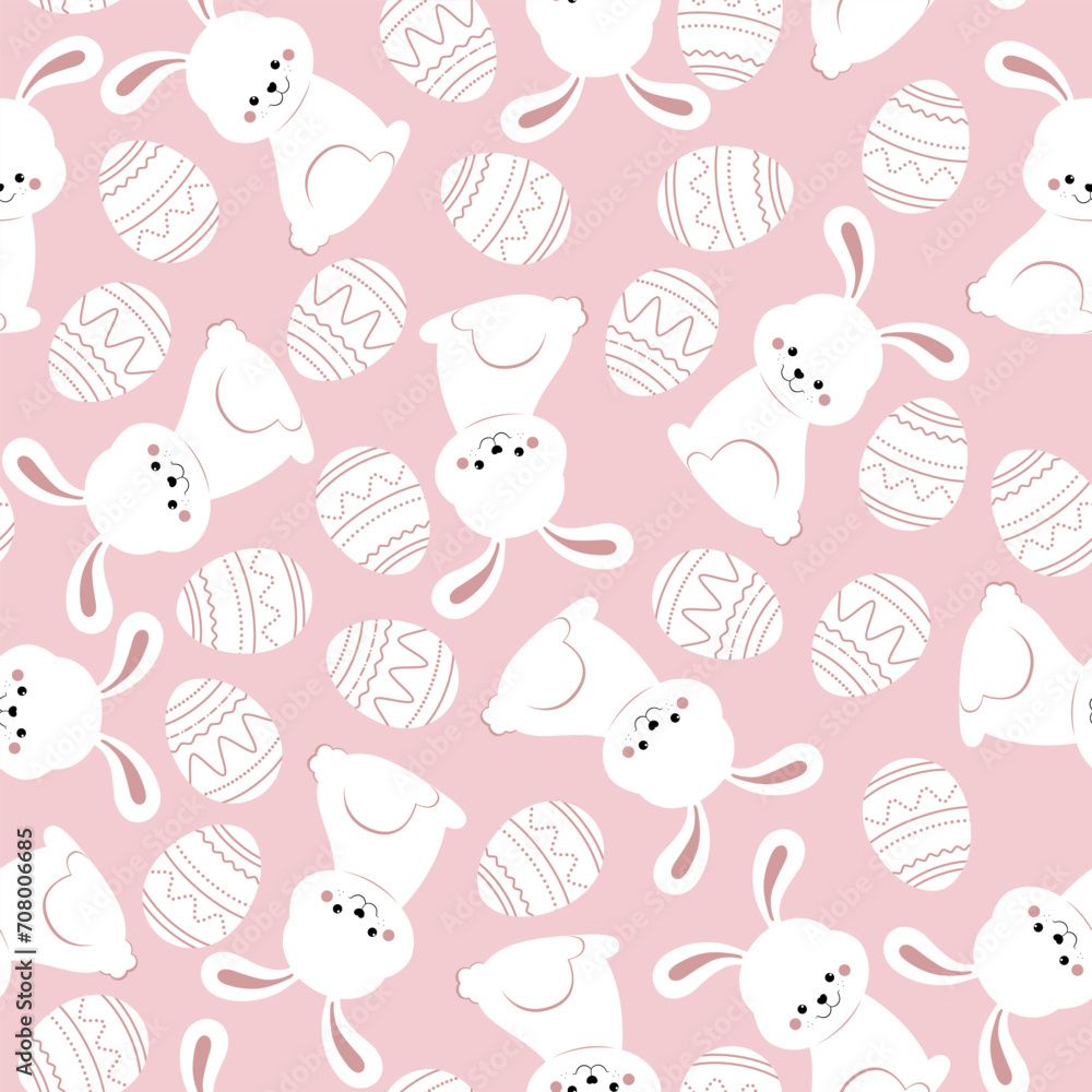 Seamless pattern rabbit, bird and flowers. Beautiful Decorative Bunny pink Background, Element for design. Design print for textile.
