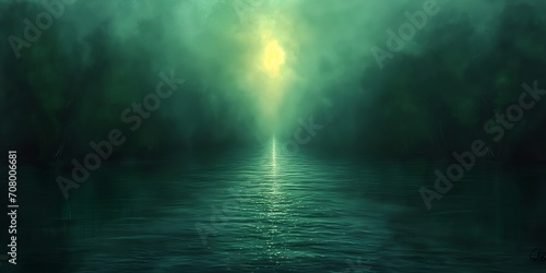 foggy lake light shining trees teal palette horror descent green fog surrounds river deep depth sky grey fire calming photo