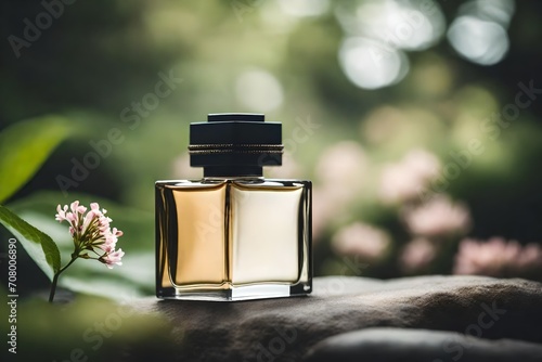tiny and minimalist perfume flacon on soft blurry floral background