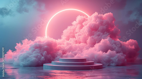 Surreal Presentation Products Podium With Circle Neon And Clouds. Neon Halo Over a Misty Podium