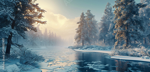 A magical winter wonderland with a frozen lake and snow-covered trees