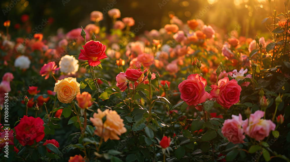 A lush rose garden at sunset showcasing an array of red pink and yellow roses with the sun casting warm hues. - obrazy, fototapety, plakaty 