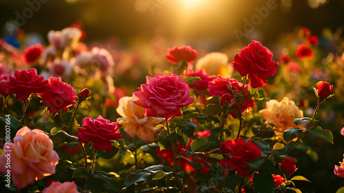 A lush rose garden at sunset showcasing an array of red pink and yellow roses with the sun casting warm hues.