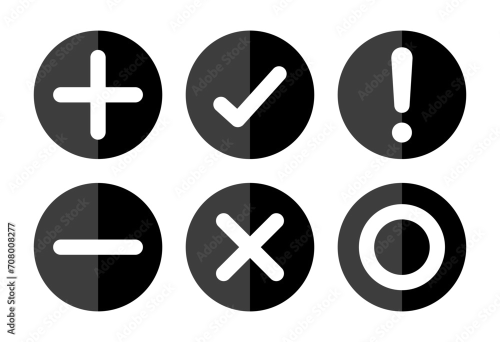 Obraz premium Right, wrong, minus, plus, exclamation and circle mark set in black and white minimal style. Right wrong symbol icon in two shades style. Right, Wrong, Exclamation mark. Vector Icon.