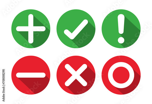 Right, wrong, minus, plus, exclamation and circle mark set in shadow style. Right wrong symbol icon shadow style. Right, Wrong, Exclamation mark color. Vector Icon. photo