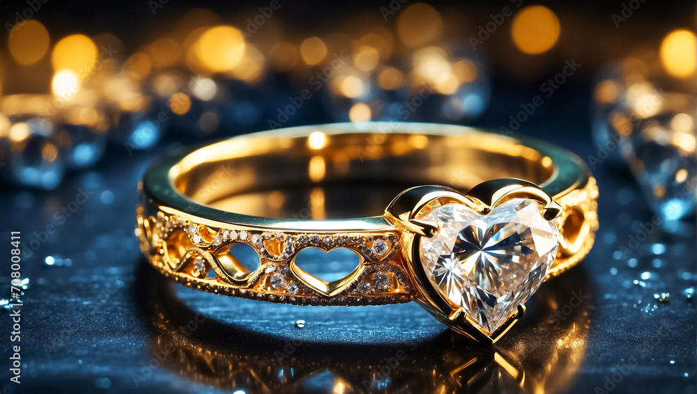 Beautiful gold ring with a diamond in the shape of a heart celebrate Beautiful gold ring with a diamond in the shape of a heart celebrate