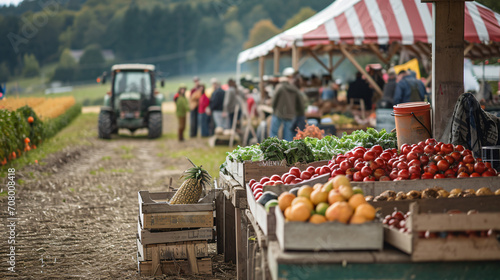 A harvest festival in a rural setting with farmers displaying produce tractor rides and folk music.