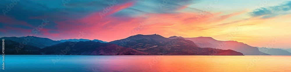 Panaromic view of colorful sunset horizon on rocky mountains seaside 