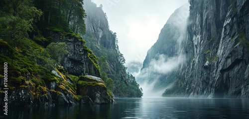 Stampa su tela A panoramic perspective of a misty fjord with steep cliffs and calm waters