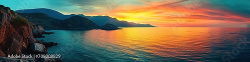 Panaromic view of colorful sunset horizon on rocky mountainous seaside 