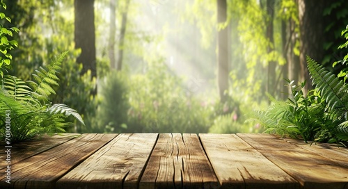 Natural wooden plank table  product placement presentation display with botanical greenery on background mockup