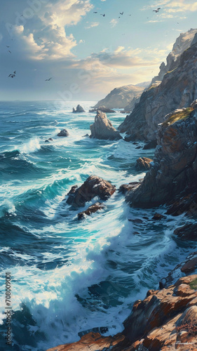 A panoramic scene of a rugged coastline with cliffs and crashing waves