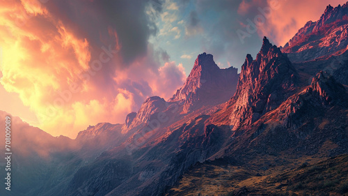 A panoramic scene of a rugged mountain range with a colorful twilight sky © Erum