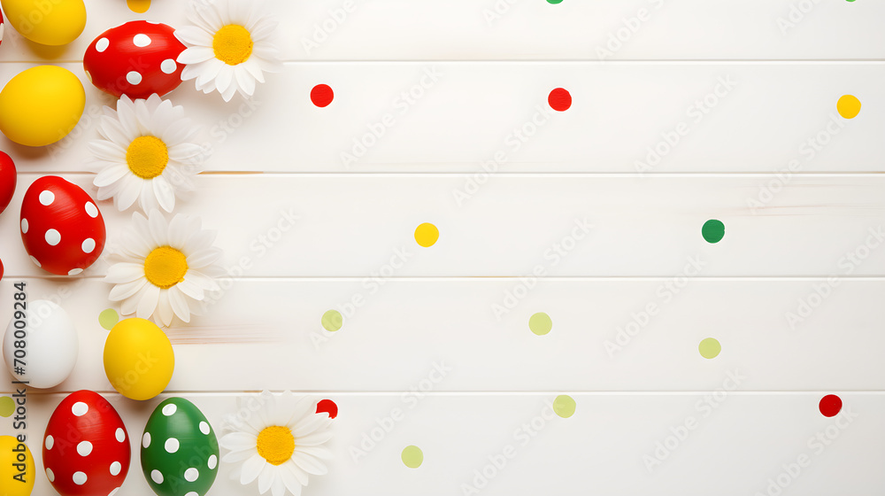 A fresh and inviting scene featuring brightly colored Easter eggs adorned with polka dots, alongside pure white daisies, arranged on a clean, white wooden background