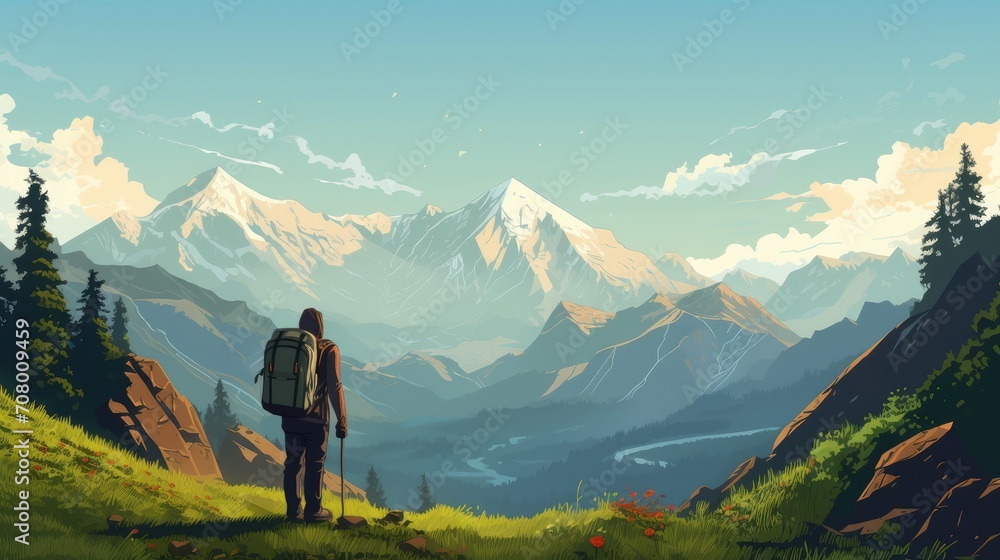 Male tourist with backpack in the mountains