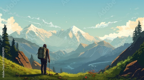 Male tourist with backpack in the mountains