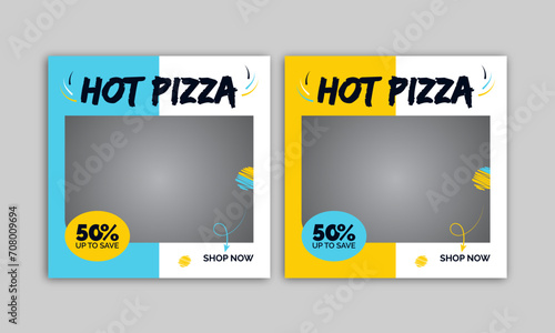 Pizza social media banner design illustration. Food social media post vector template. Square size.