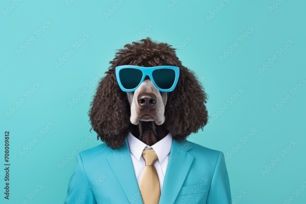 animal pet dog concept Anthromophic friendly Portuguese water dog  dog wearing suite formal business suit pretending to work in coporate workplace studio shot on plain color wall - obrazy, fototapety, plakaty 