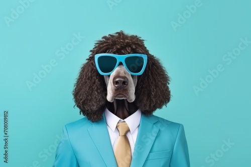 animal pet dog concept Anthromophic friendly Portuguese water dog  dog wearing suite formal business suit pretending to work in coporate workplace studio shot on plain color wall photo