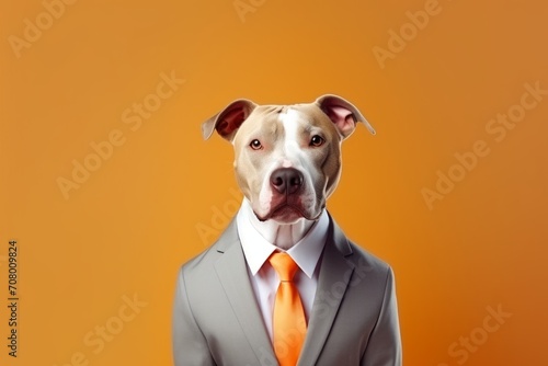 animal pet dog concept Anthromophic friendly American pit bull terrier dog wearing suite formal business suit pretending to work in coporate workplace studio shot on plain color wall