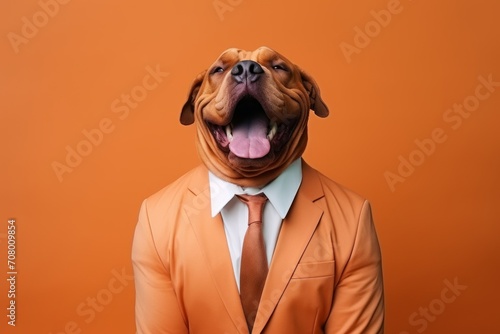 animal pet dog concept Anthromophic friendly American pit bull terrier dog wearing suite formal business suit pretending to work in coporate workplace studio shot on plain color wall © VERTEX SPACE