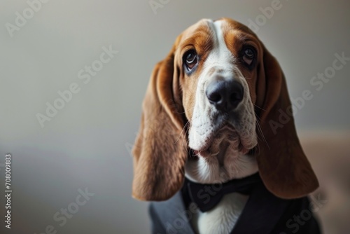 animal pet dog concept Anthromophic friendly Basset Hound boss dog wearing suite formal business suit pretending to work in coporate workplace studio shot on plain color wall