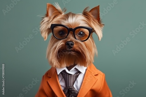 animal pet dog concept Anthromophic friendly Yorkshire terrier dog wearing suite formal business suit pretending to work in coporate workplace studio shot on plain color wall