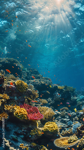 A panoramic shot of a sunlit coral reef teeming with marine life