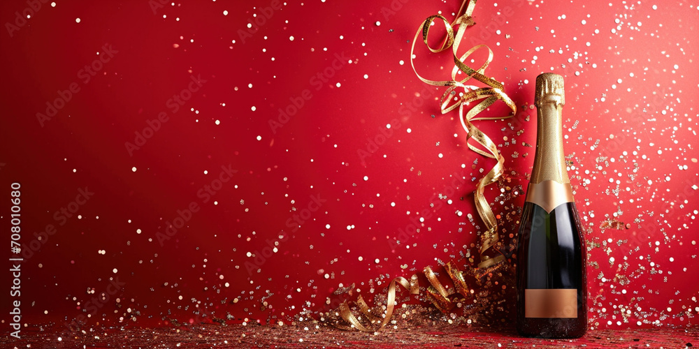 Fototapeta premium Horizontal banner for celebrations and invitation cards. Gold bottle with party shiny glitter streamers on red background. Empty space place for text, copy paste