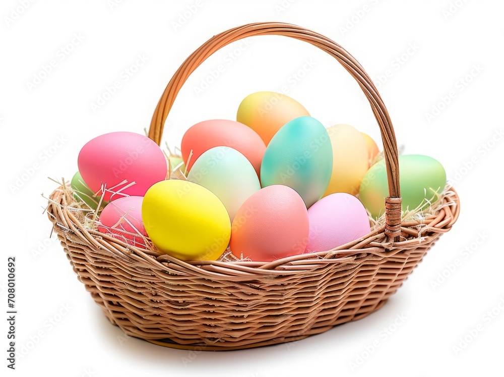 Multi colors Easter eggs in the woven basket isolated on white background with clipping path. Pastel color Easter eggs. Multi colors Easter eggs in the woven basket isolated on white background with clipping path. Pastel color Easter eggs.
