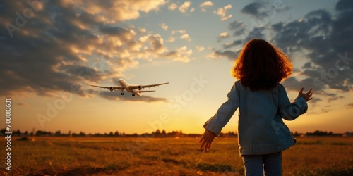 A girl waving towards an airplane. Airplane flying overhead