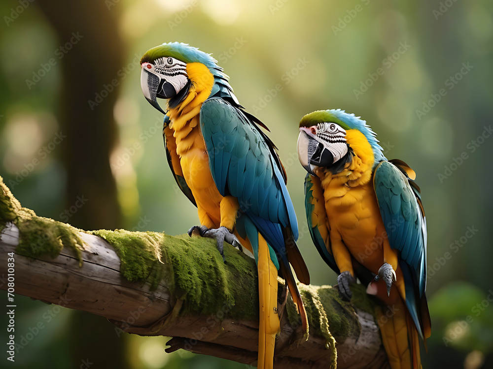 A beautiful macaw perching couple on top mossy stick over far blur green background in shaded sun lighting, amazing nature