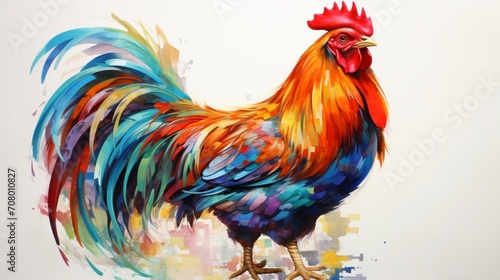 a rooster, its elegant movements and vibrant colors capturing attention against a pure white background. © Balqees