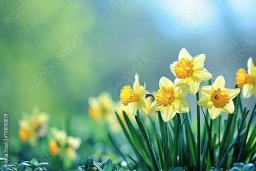 Beautiful panoramic spring nature background with daffodil flowers © Lubos Chlubny