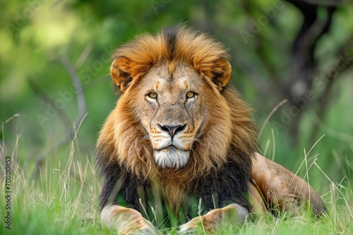 Big male African lion  Panthera leo  lying in the grass