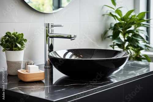 Black ceramic round sink and chrome faucets in the bathroom. Minimalist modern bathroom interior design.