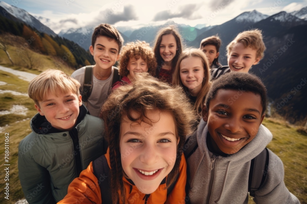 Group of happy children taking selfie on hike in the mountains - obrazy, fototapety, plakaty 