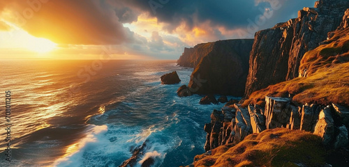 Canvas-taulu A panoramic view of a rugged coastline with cliffs and a dramatic sunset over th