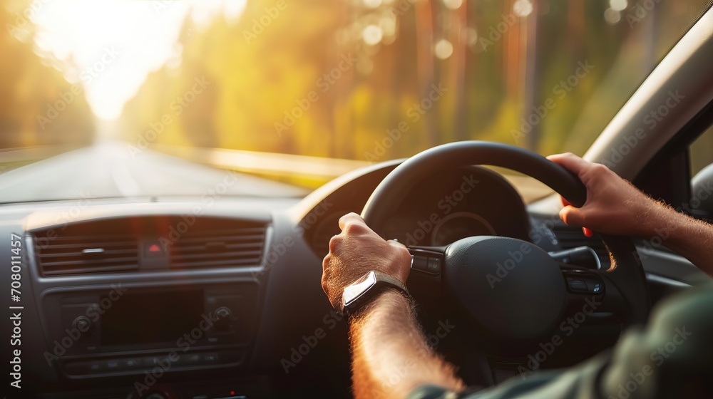 The image shows a person's hands on a steering wheel, driving a car on a sunny road surrounded by trees. - obrazy, fototapety, plakaty 