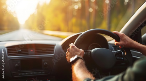 The image shows a person's hands on a steering wheel, driving a car on a sunny road surrounded by trees. © Oleksii