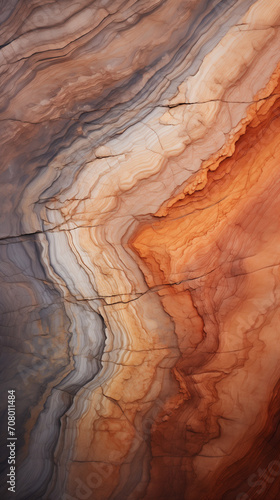 Gros plan d'une texture de pierre : travertin de couleur orange avec plusieurs couches de sédiments beige et gris