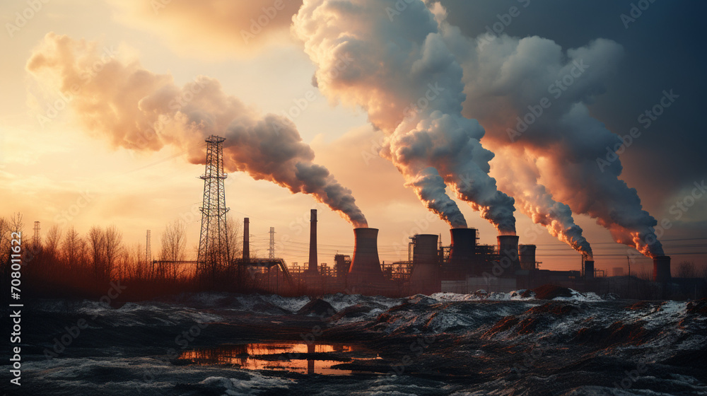 Industrial landscape with heavy pollution produced by a large factory. Ambient air pollution environmental industrial emissions. Industry zone, thick smoke plumes. Climate change, ecology