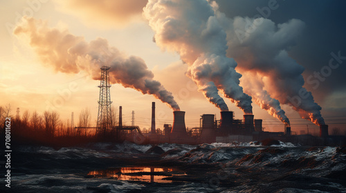 Industrial landscape with heavy pollution produced by a large factory. Ambient air pollution environmental industrial emissions. Industry zone, thick smoke plumes. Climate change, ecology