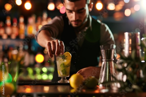 Barman making cocktail at counter in bar, focus on the foreground. AI generated photo